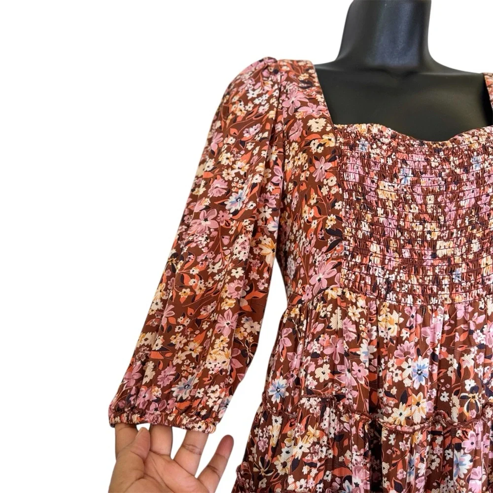 Gypsy Love Smocked Floral Puff Sleeve Mini Dress Boho Festival Style Size M - Picture 9 of 14